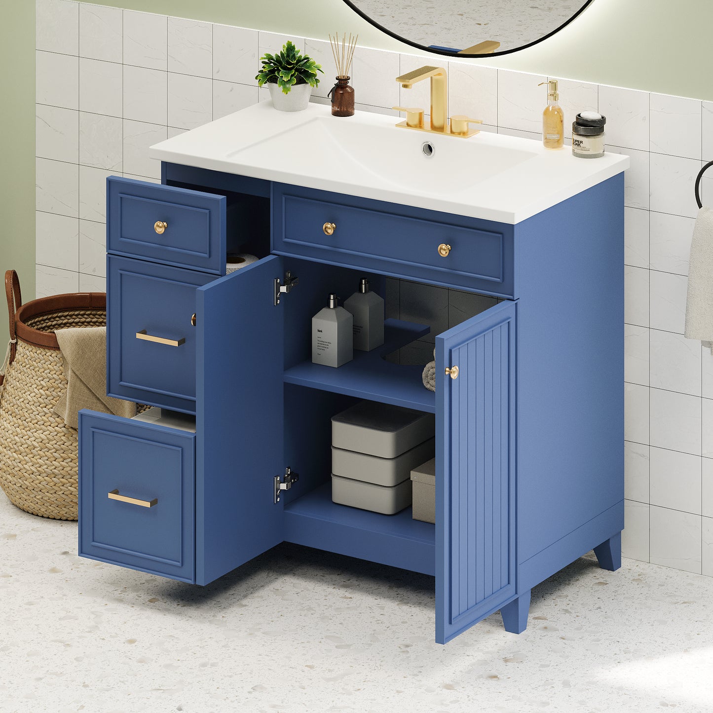 Navy Elegance Bathroom Vanity with Soft-Close Doors and Resin Sink