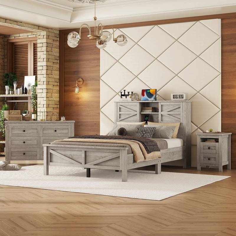 Chic Farmhouse Bedroom Set with Storage & Charging Station