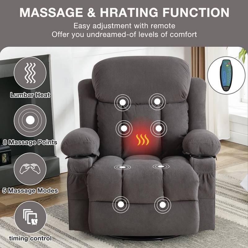 Cozy Heated Massage Recliner with USB and Cup Holders - Grey