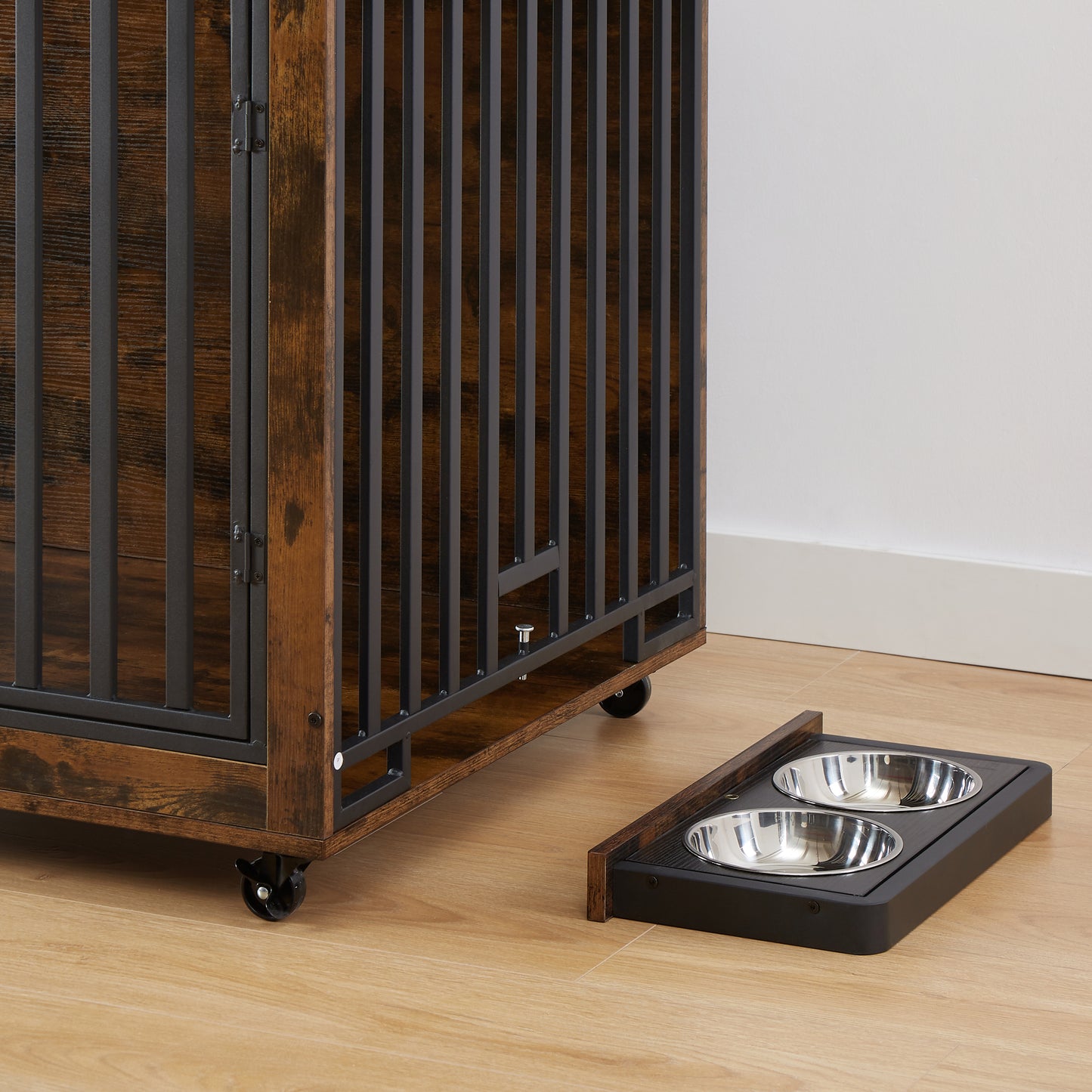 Rustic Dog Crate Side Table with Feeding Bowl and Wheels