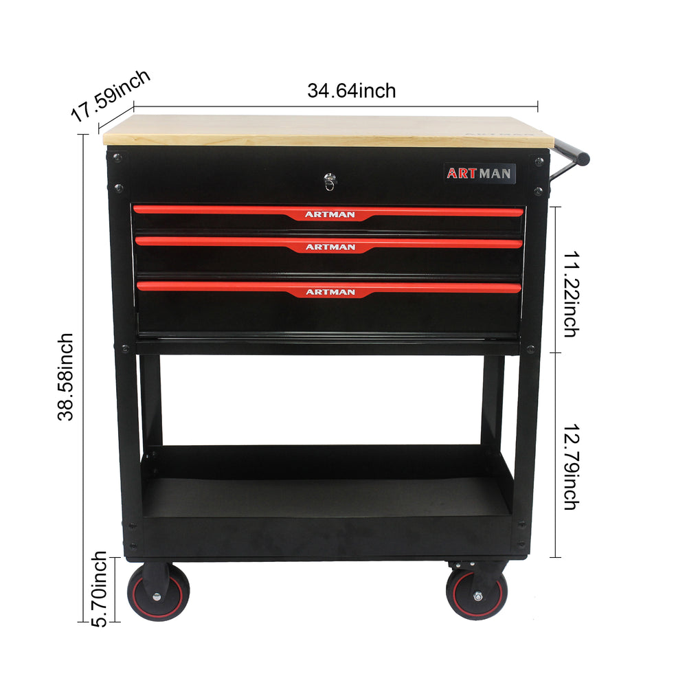 Rolling Tool Cart with Wooden Top and Storage Drawers