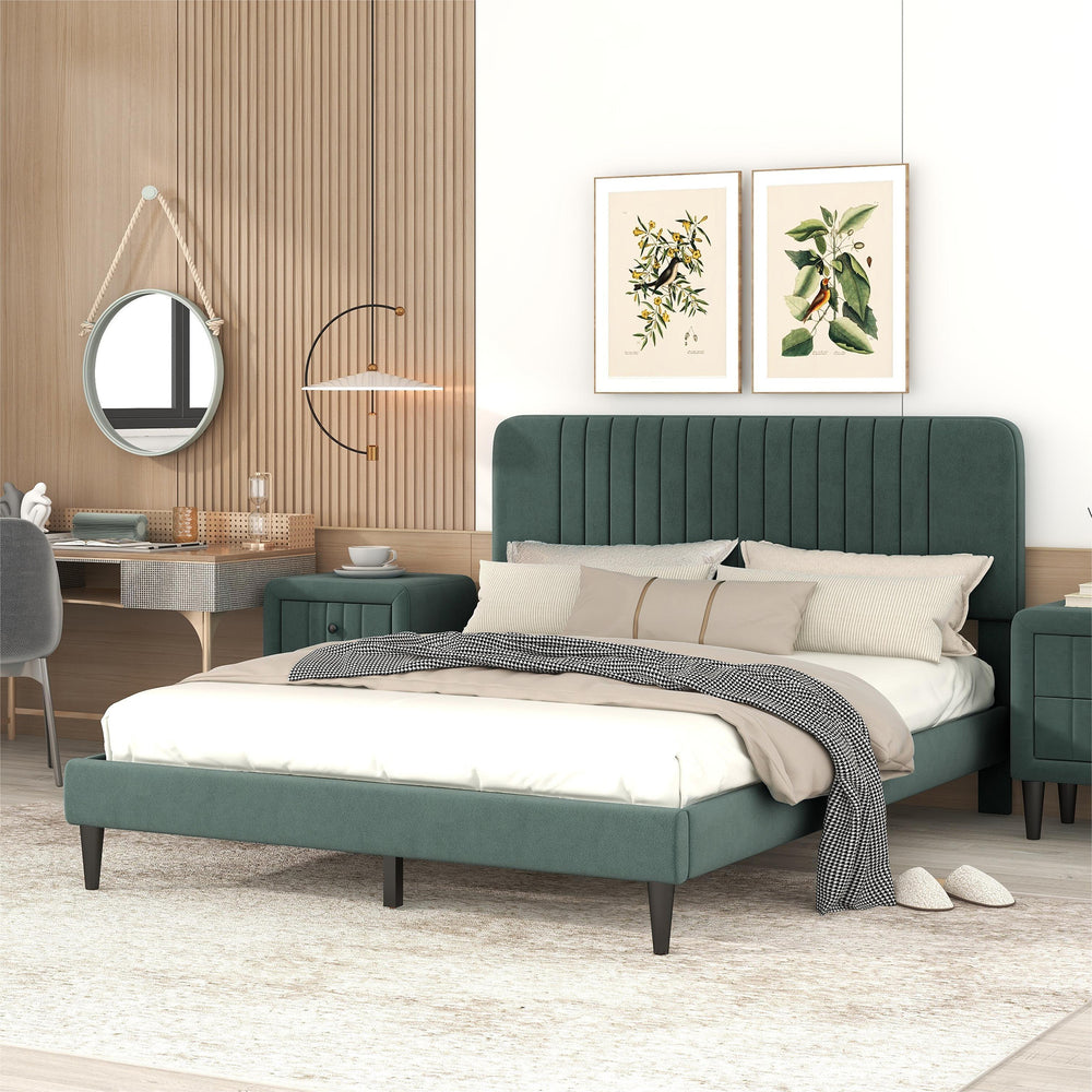 Velvet Green Queen Platform Bed – No Box Spring Needed!