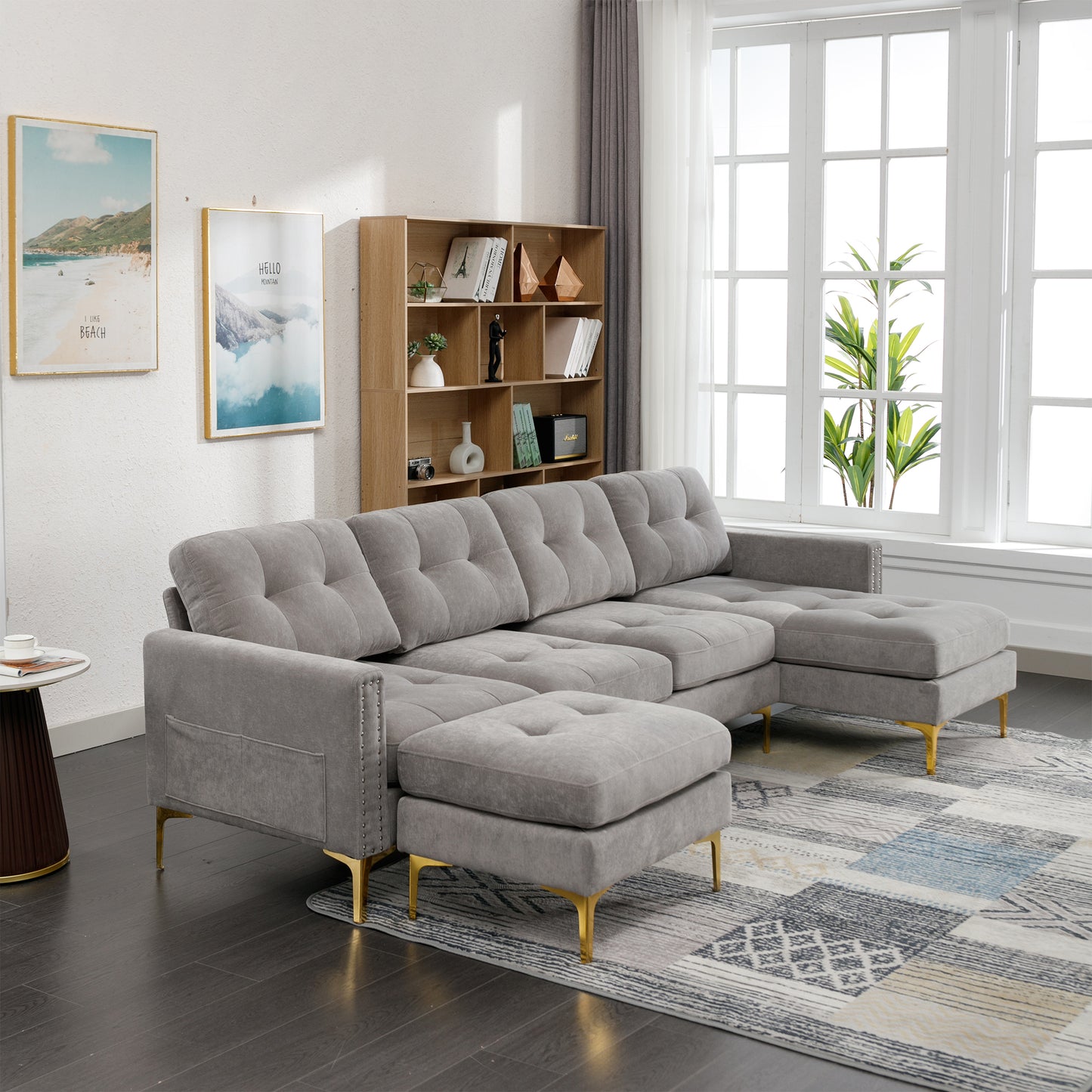 Cozy L-Shaped Sectional Sofa with Movable Ottoman - Light Grey