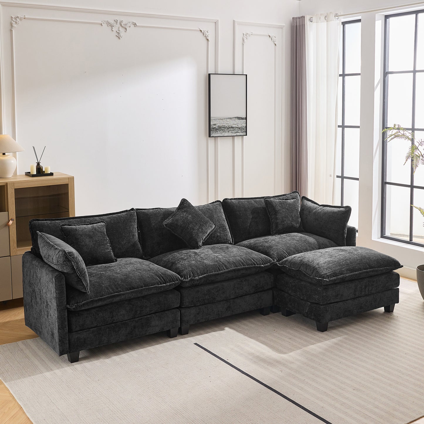 Chic L-Shape Chenille Sofa with Ottoman & Pillows