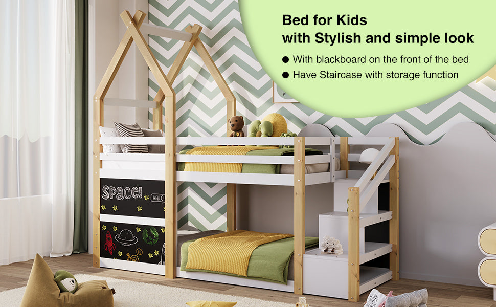 Cozy Twin House Bunk Bed with Storage Steps & 2 Fun Blackboards