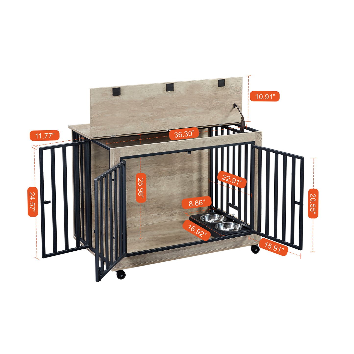 Chic Pet Crate Table with Feeding Station and Wheels