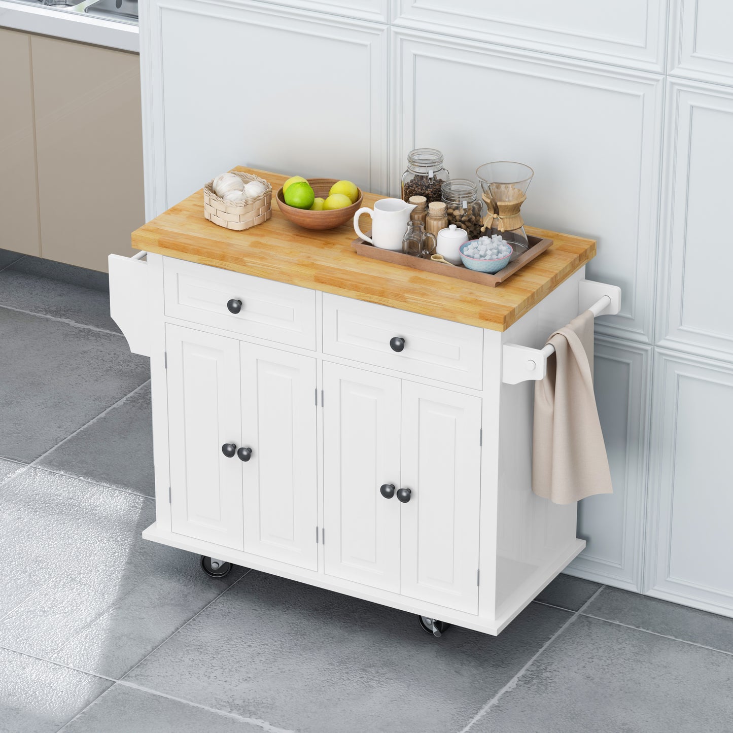 Versatile White Kitchen Island Cart with Storage & Locking Wheels