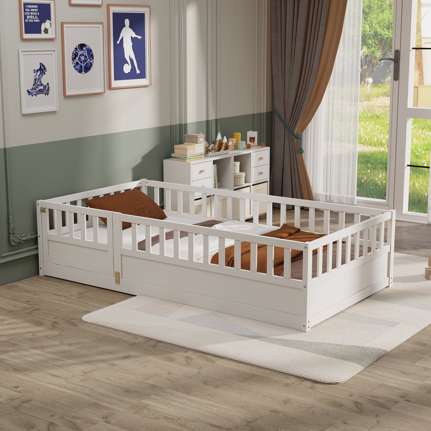 Cozy Twin Montessori Floor Bed with Safety Barrier