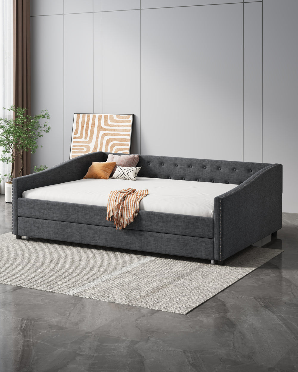 Stylish Tufted Daybed with Trundle – Dark Grey Elegance