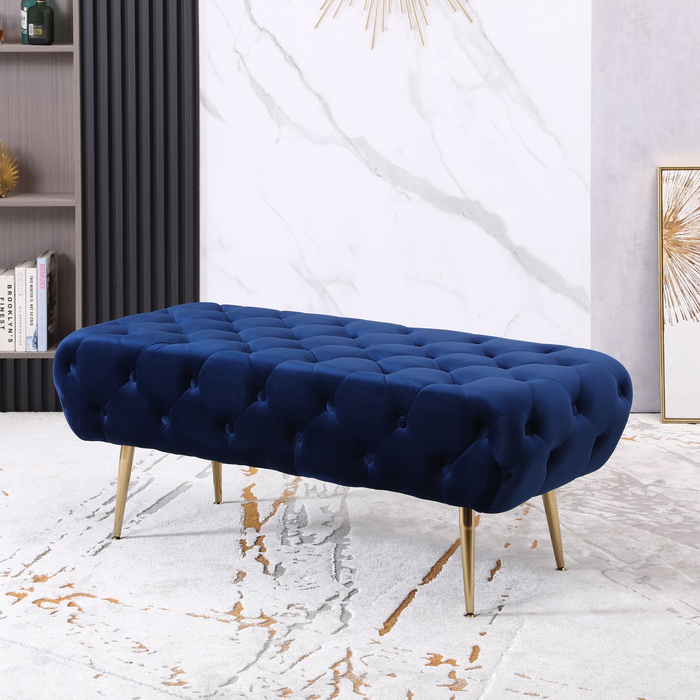 Chic Blue Velvet Bench with Gold Legs