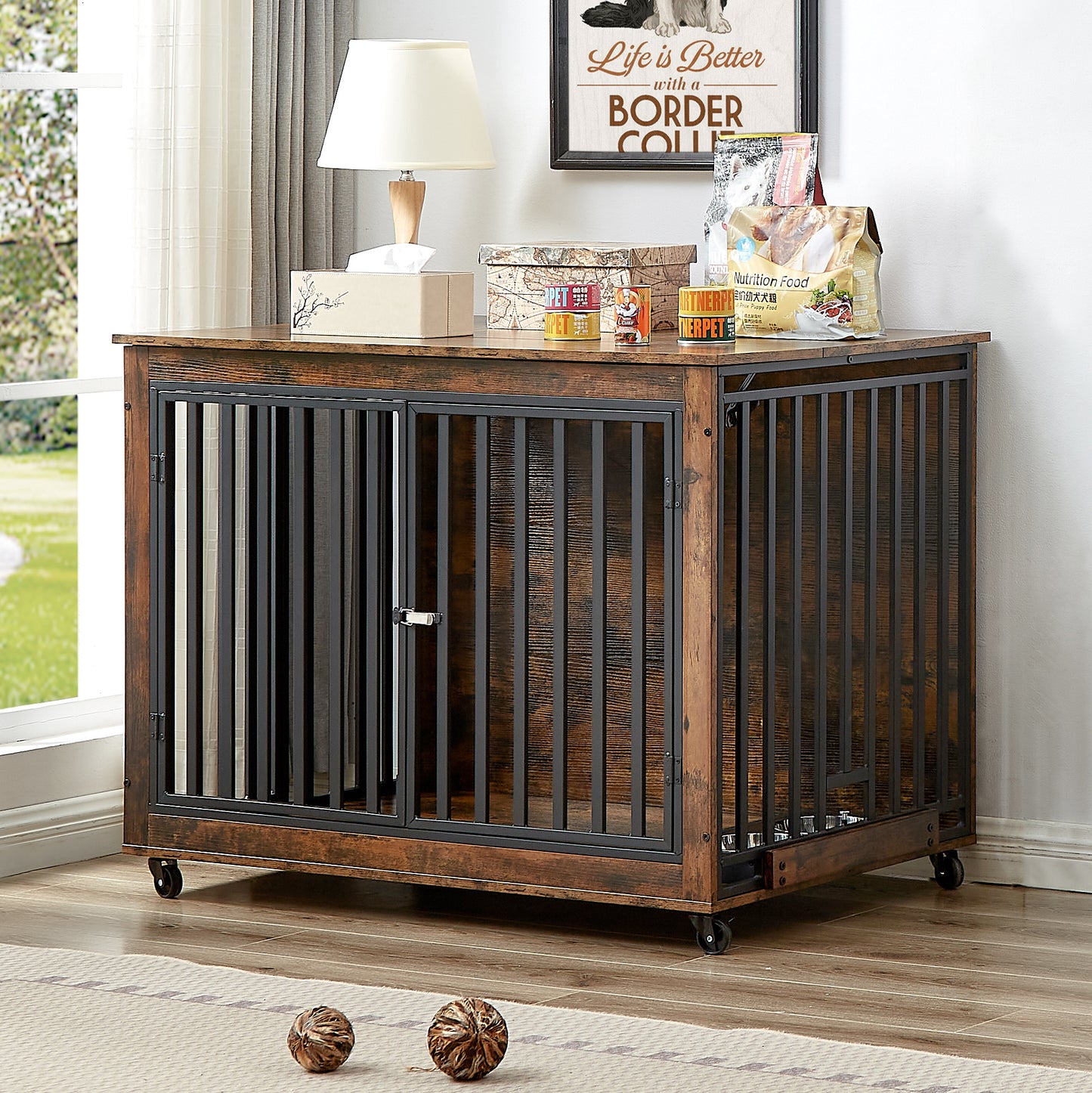 Rustic Dog Crate Side Table with Feeding Bowl and Wheels