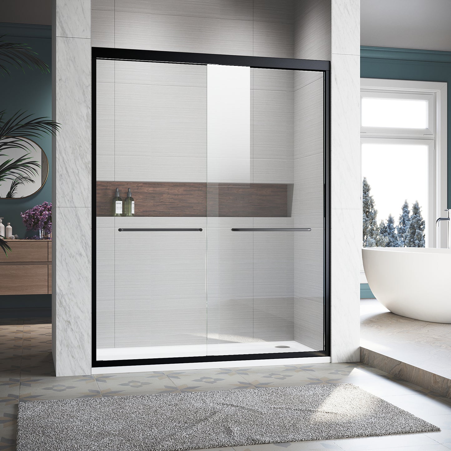 Sleek Black Sliding Shower Door with Tempered Glass