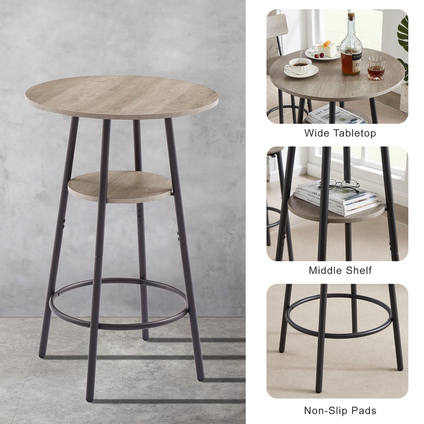 Cozy Grey Round Bar Stool Set with Backrest and Shelf