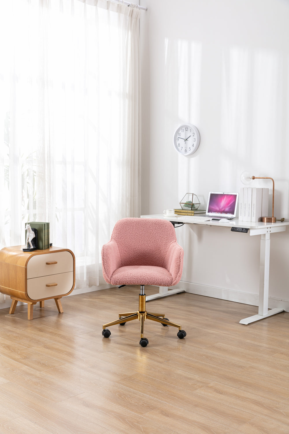 Chic Pink Teddy Swivel Chair with Gold Legs