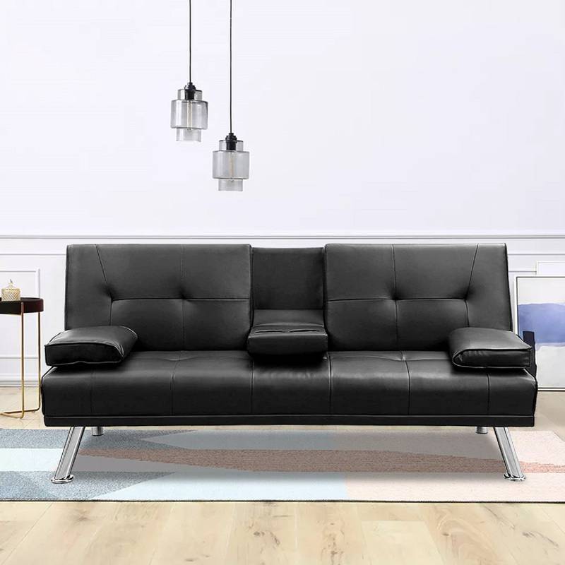 Charming Black Faux Leather Sofa Bed with Cup Holders and Soft Armrests