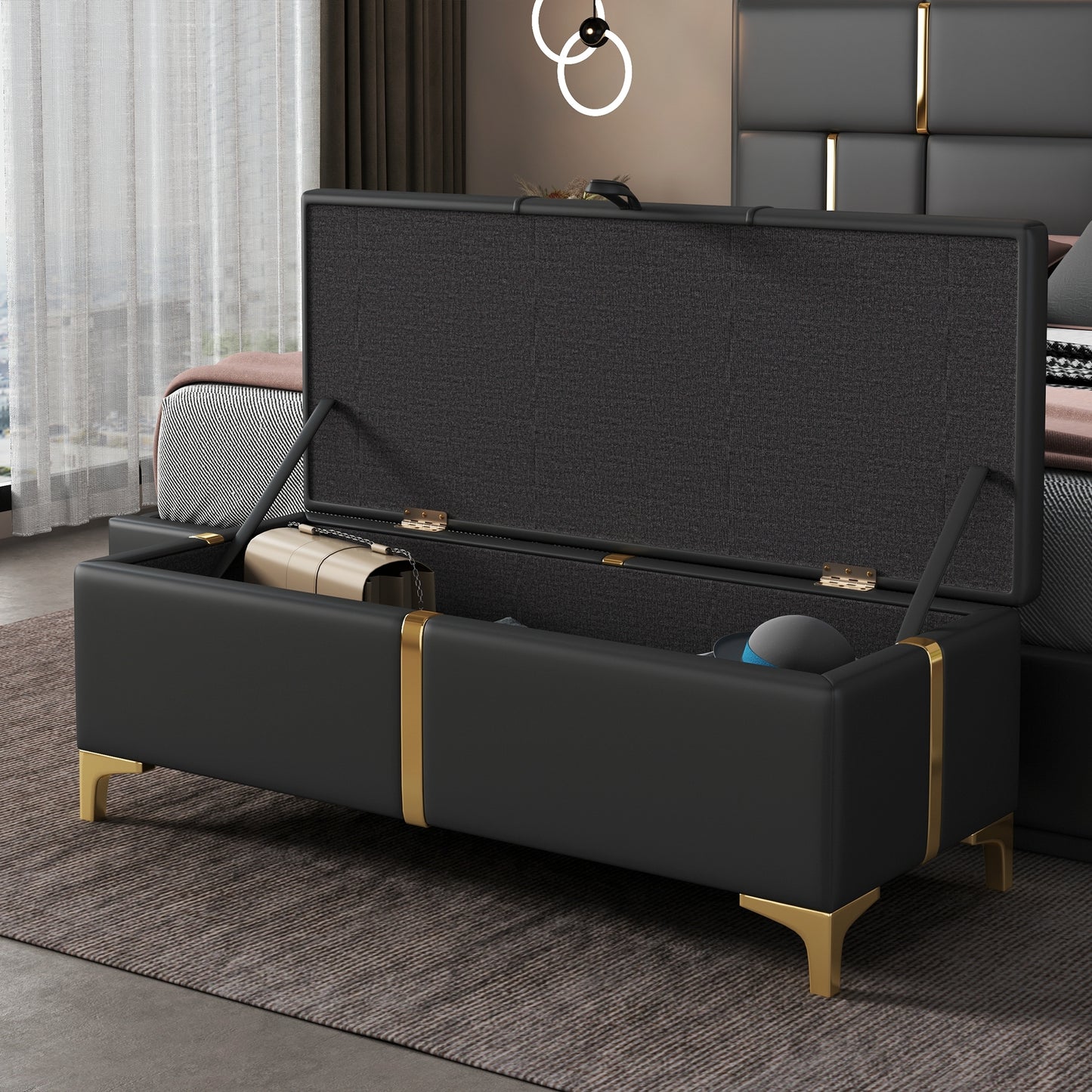 Chic Black Storage Ottoman with Metal Legs