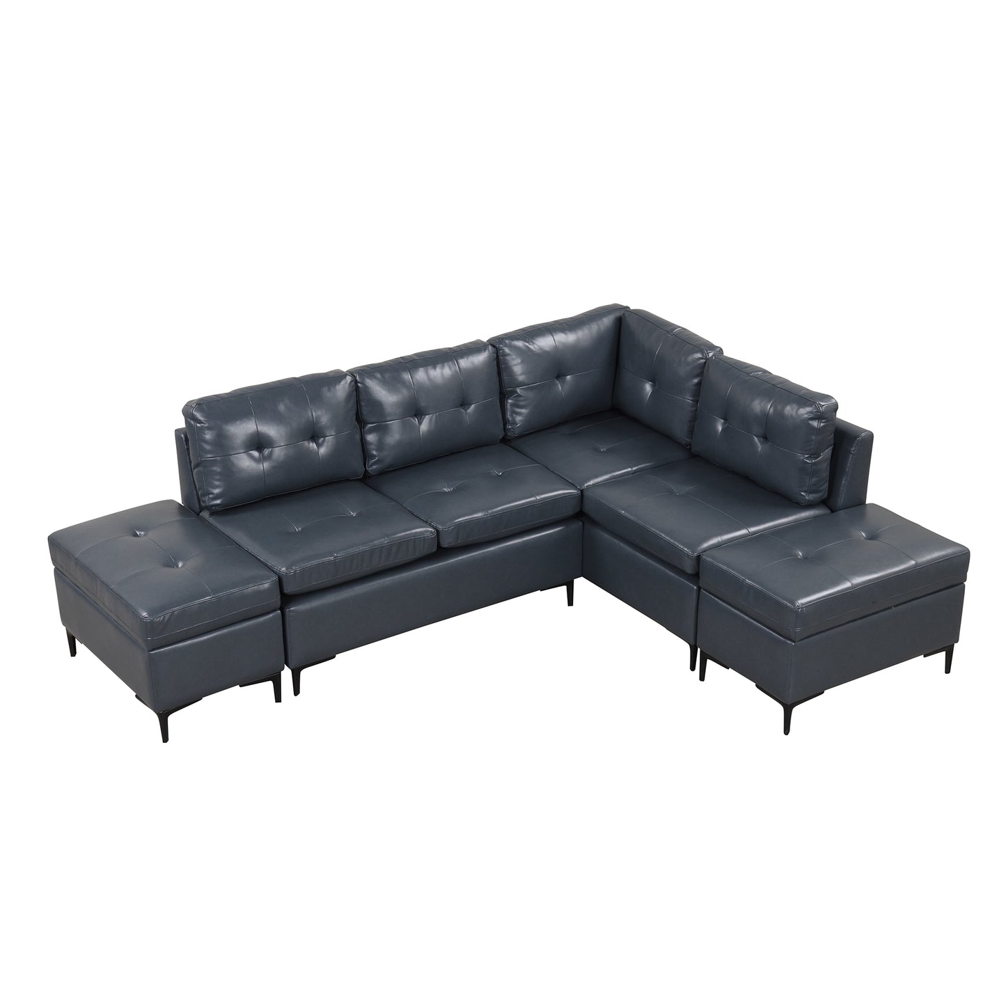 Cozy Blue L-Shaped Corner Sofa with Storage Ottomans