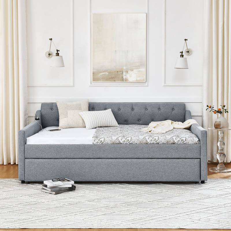 Linen Grey Daybed with Trundle and USB Charging