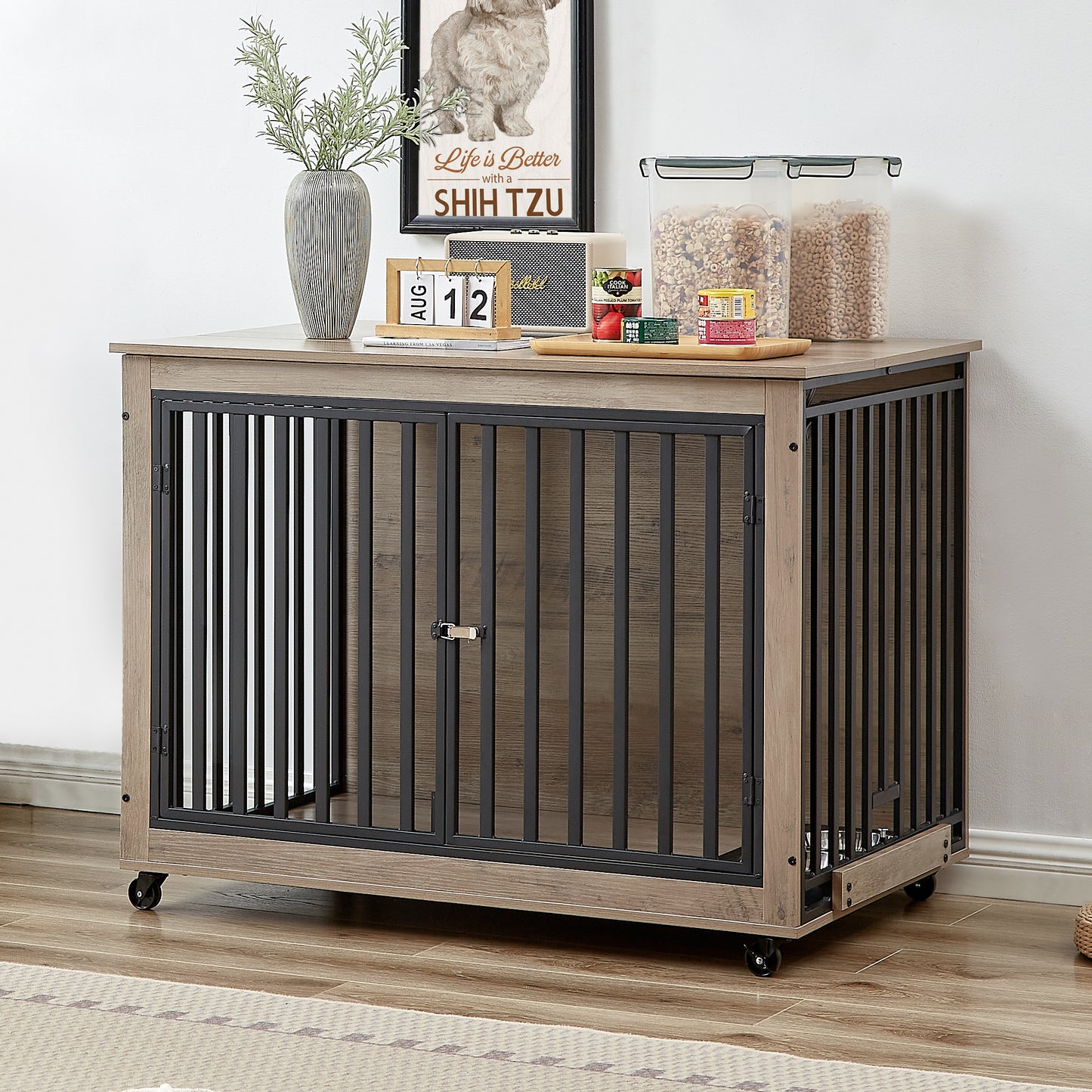 Cozy Retreat Dog Crate Table with Wheels & Feeding Bowls