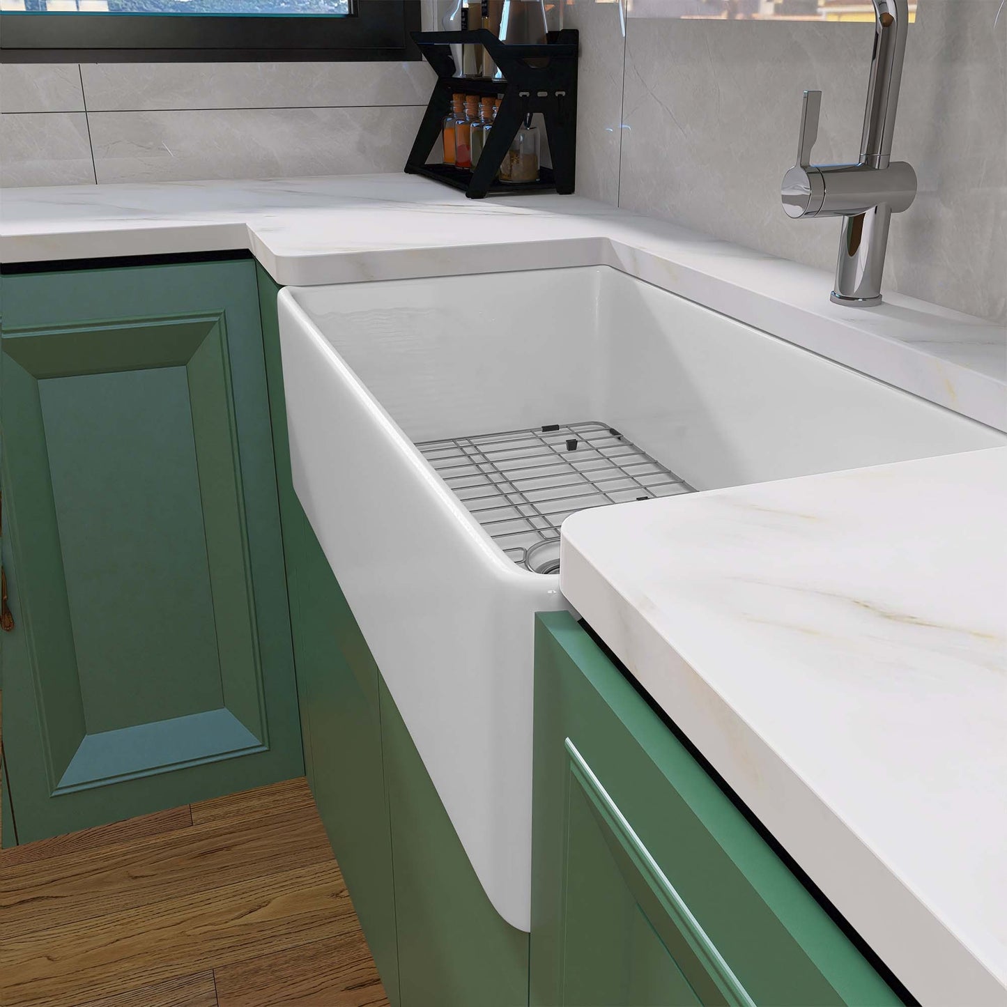 Charming White Farmhouse Sink with Drain & Grid