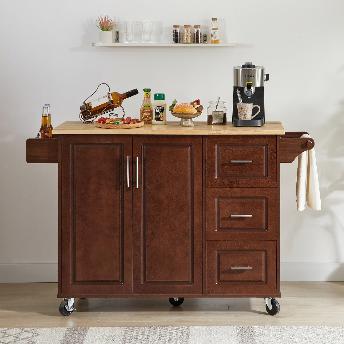 Rolling Retro Kitchen Island with Drop Leaf and Storage