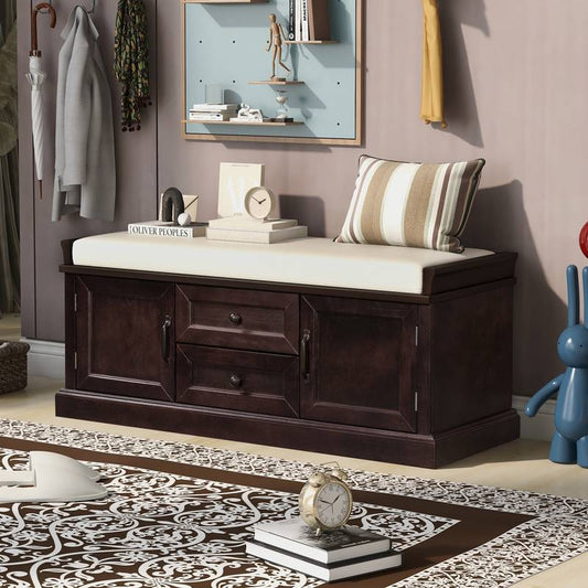 Cozy Storage Bench with Cushioned Top and Double Cabinetry