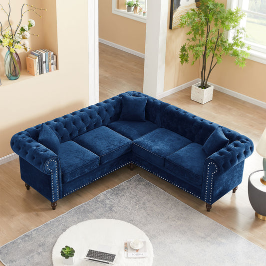 Luxurious Blue Velvet Chesterfield L-Shaped Sofa with Pillows