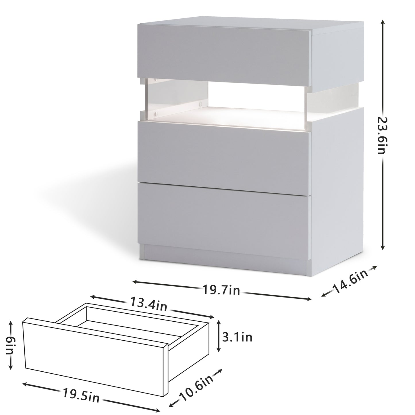 Glow Nightstand with Drawers – Modern LED Bedside Table in White