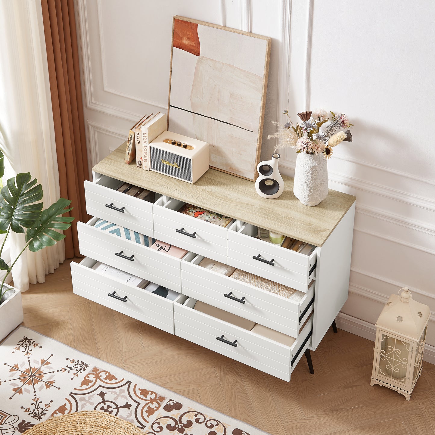 Elegant Deep Drawer Dresser in White and Oak