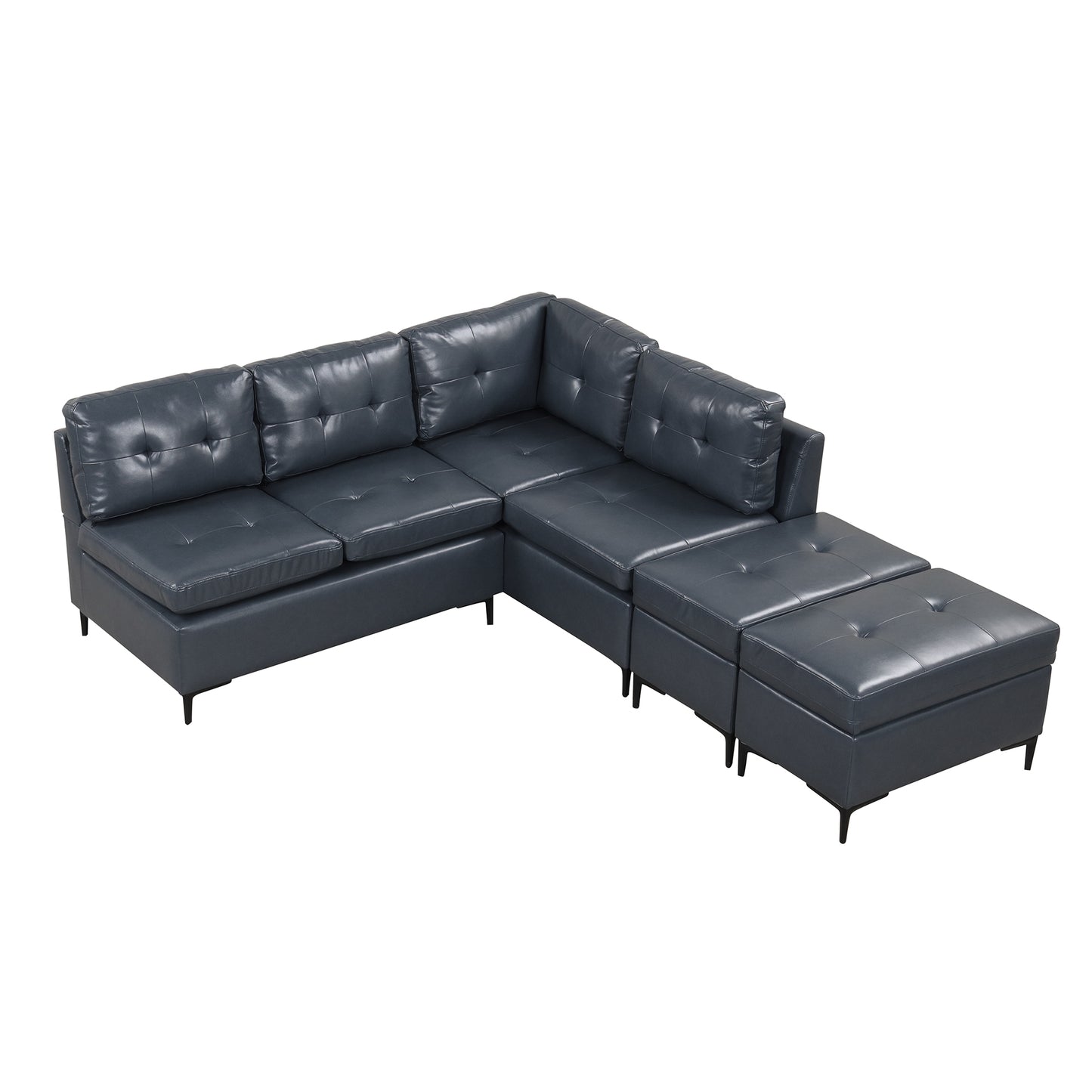 Cozy Blue L-Shaped Corner Sofa with Storage Ottomans