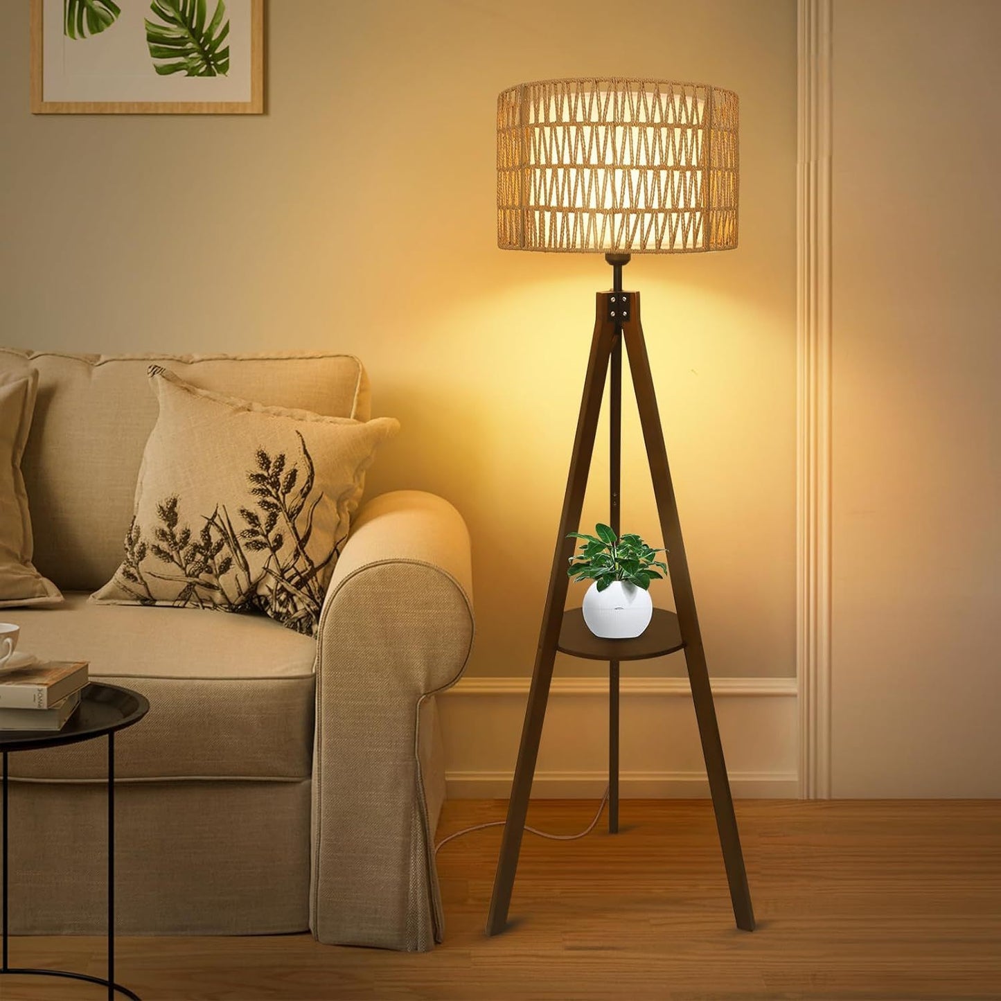 Chic Boho Tripod Floor Lamp with Shelves