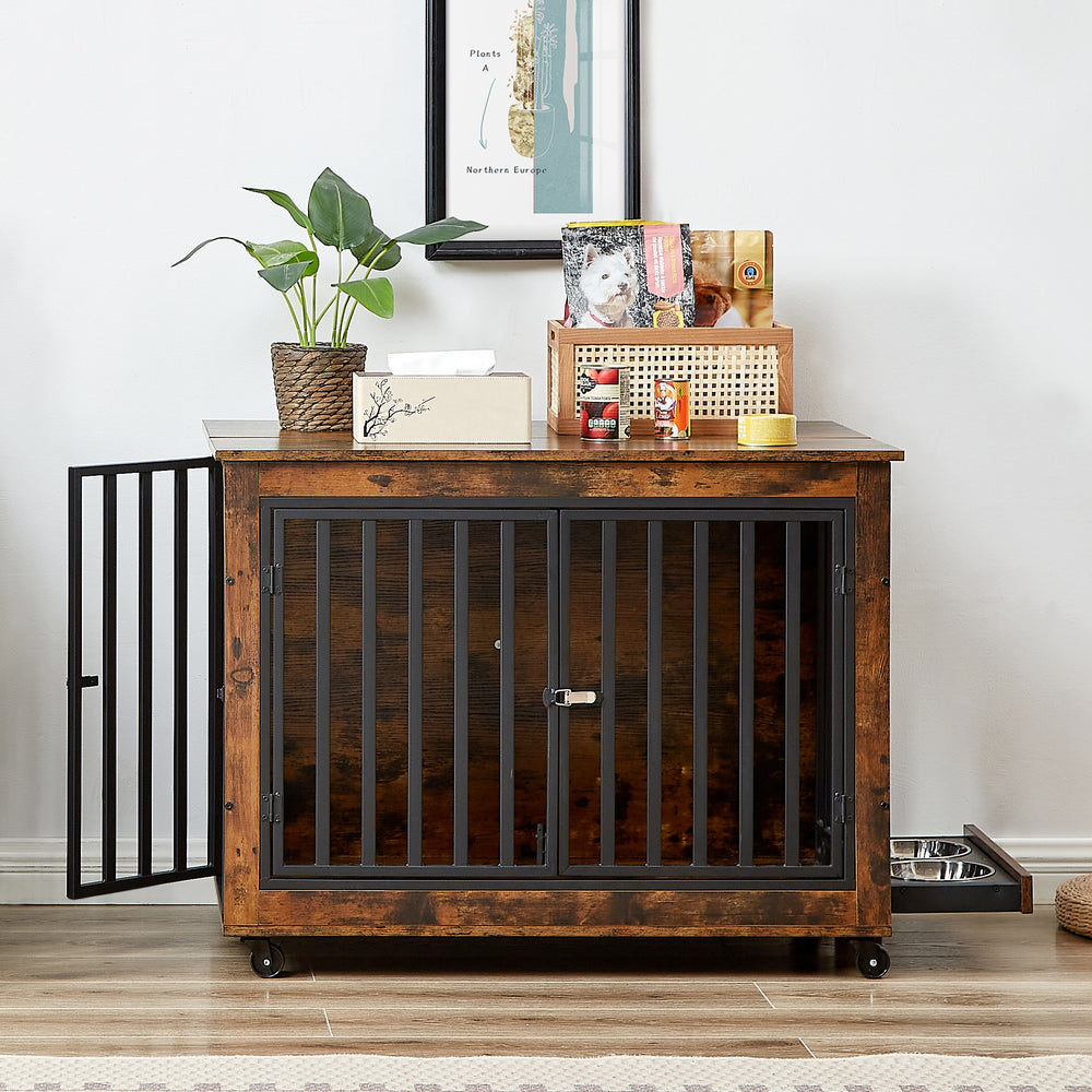 Rustic Pet Haven: Stylish Dog Crate & Feeding Station on Wheels