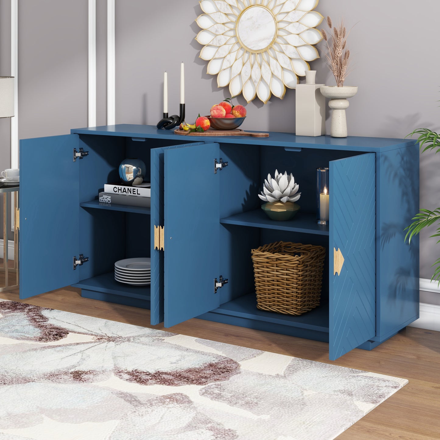 Chic Navy Sideboard with Stylish Handles & Adjustable Shelves