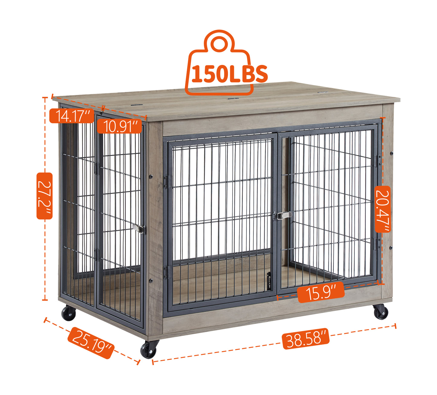 Chic Mobile Dog Crate Table with Double Doors and Lift Top in Grey