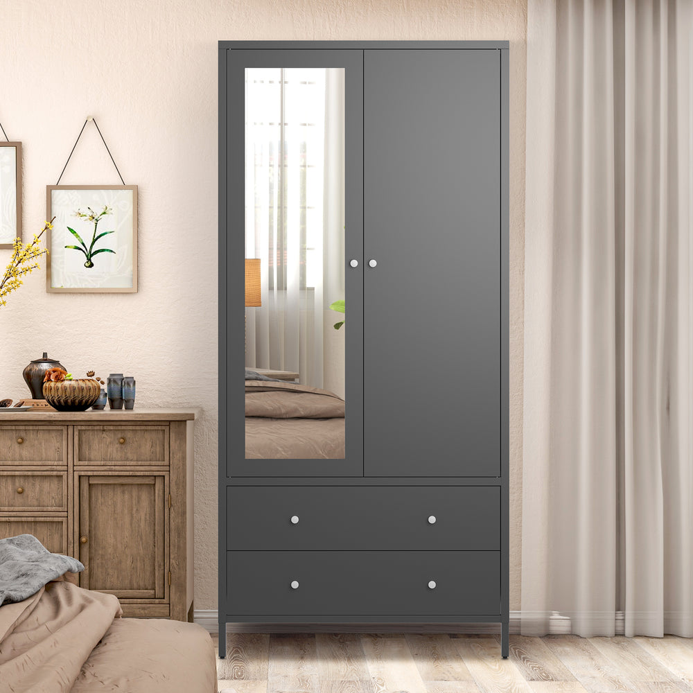 Sleek Metal Wardrobe with Mirror & Drawers