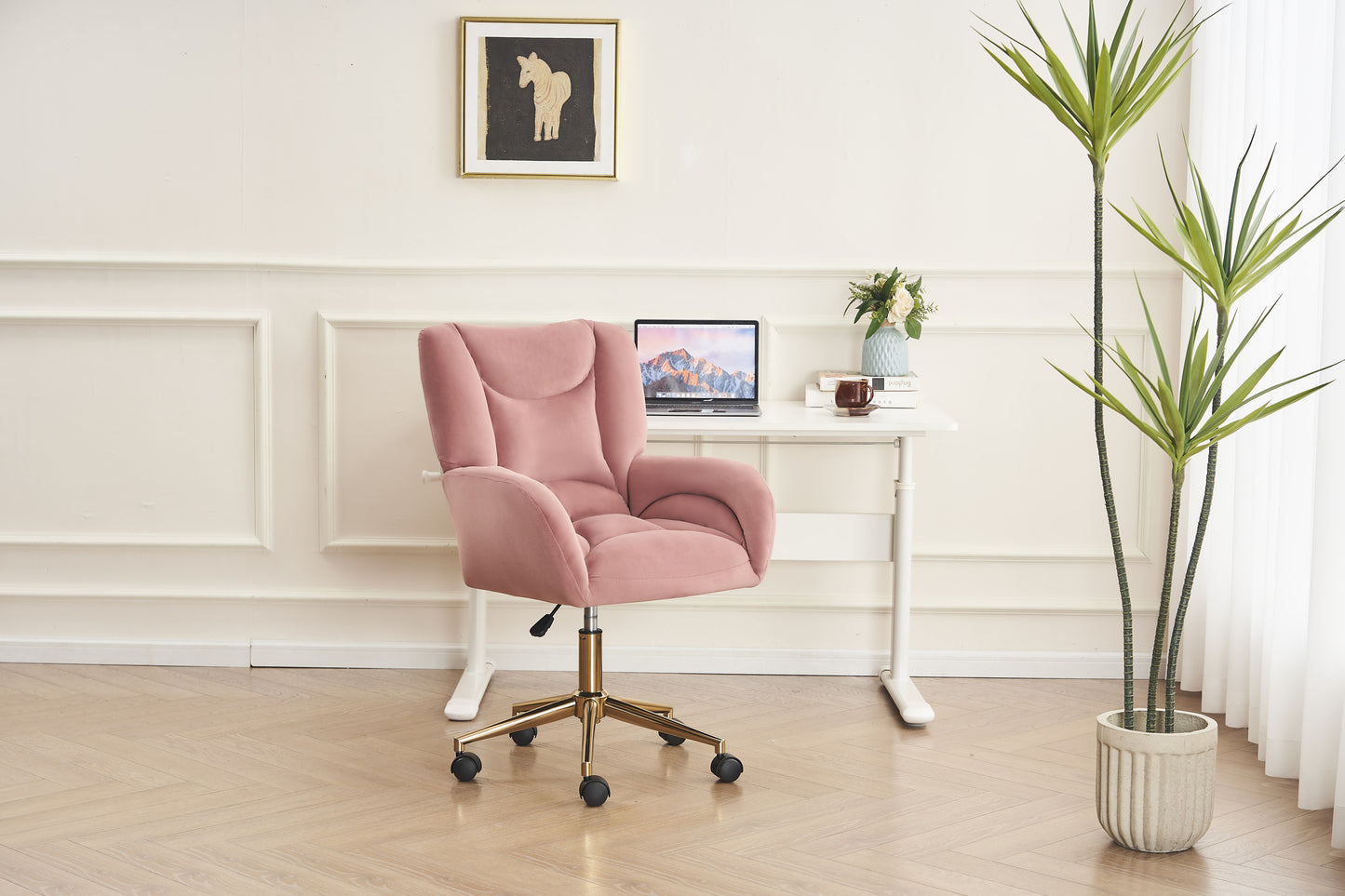 Chic Pink Velvet Swivel Chair with Gold Base