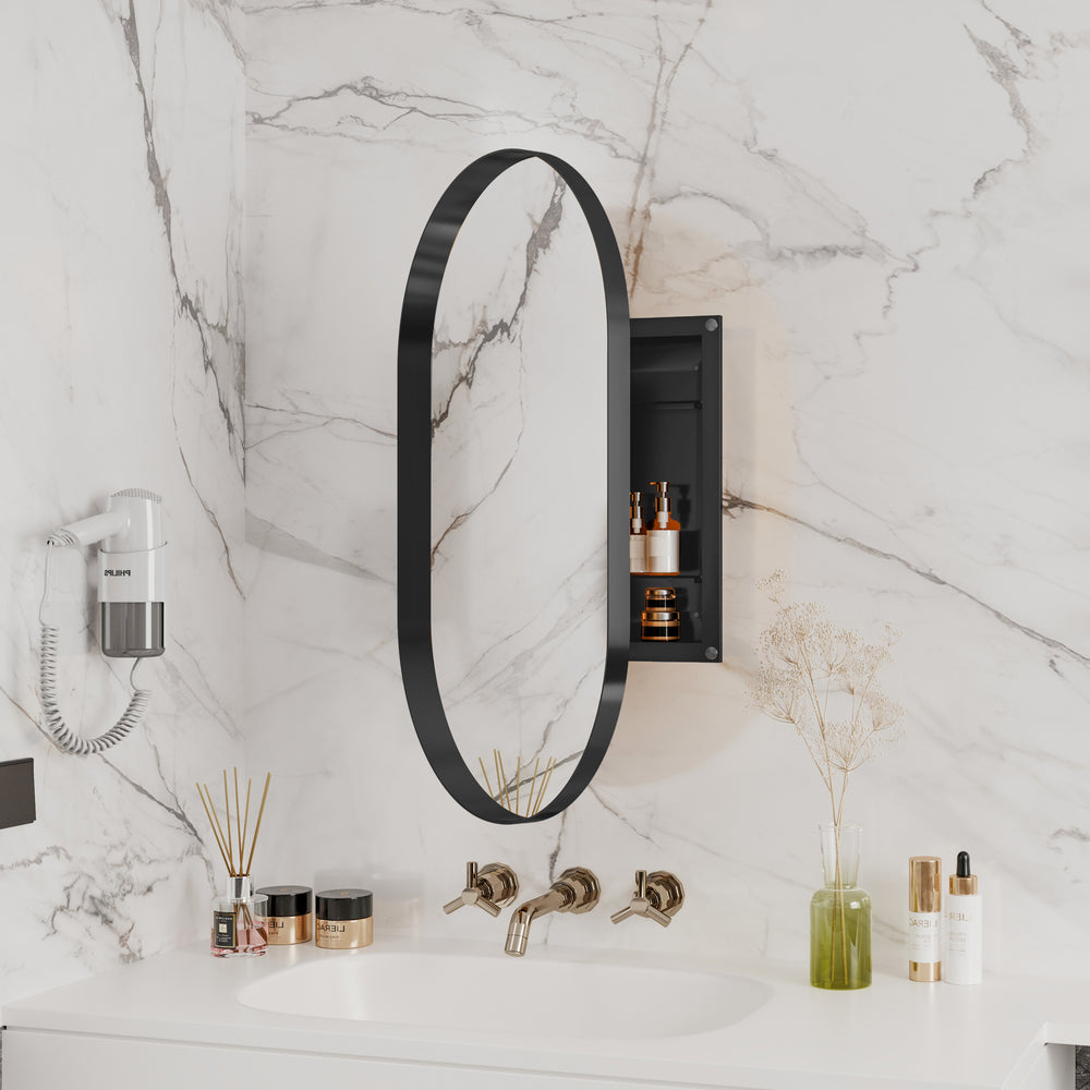 Sleek Oval Mirror Medicine Cabinet with Adjustable Shelves