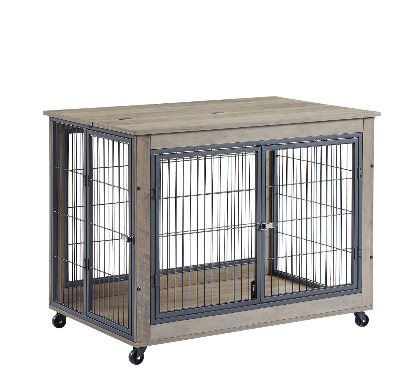 Chic Mobile Dog Crate Table with Double Doors and Lift Top in Grey