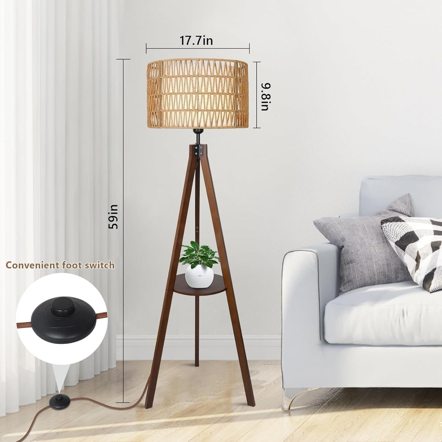 Chic Boho Tripod Floor Lamp with Shelves