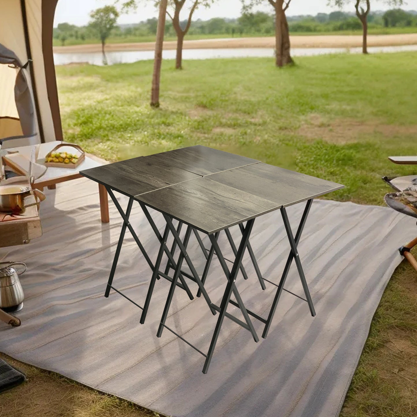 Rustic Grey Folding Snack Tables Set