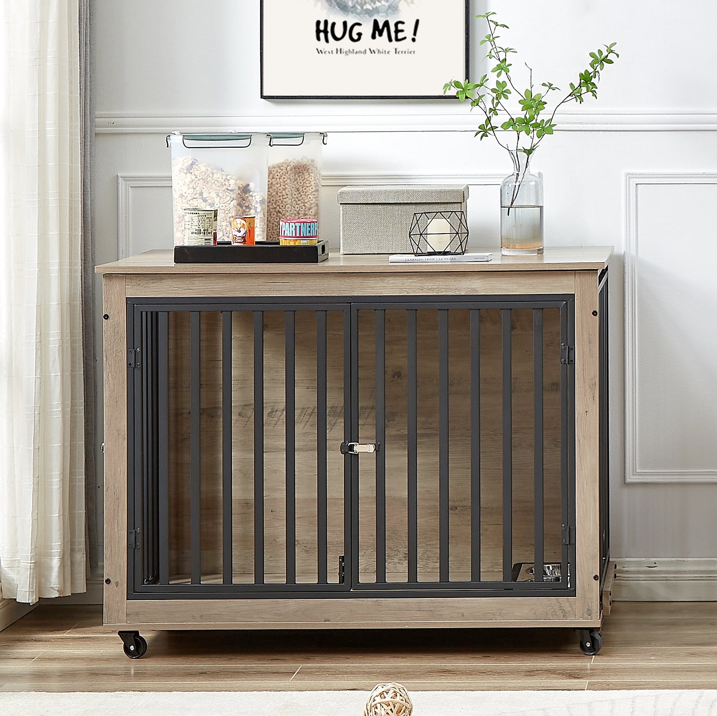 Chic Pet Crate & Side Table with Wheels & Bowls