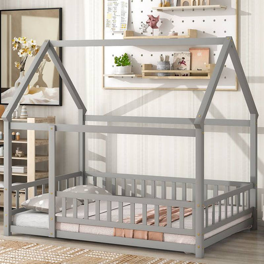 Cozy Cottage Wooden Bed with Roof and Fence