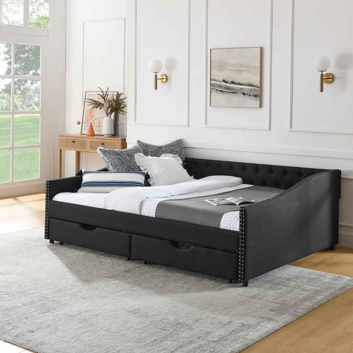 Chic Queen Upholstered Daybed with Storage Drawers