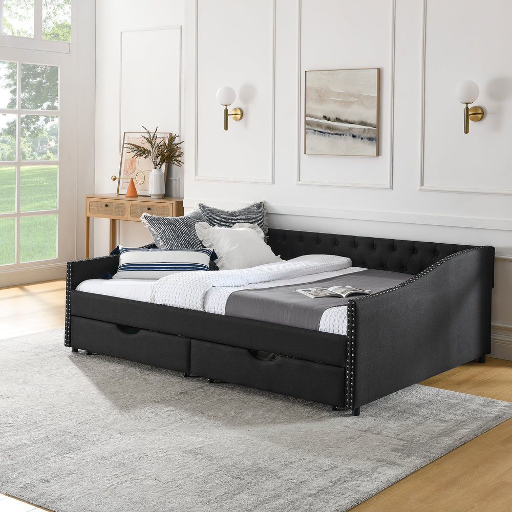 Chic Queen Upholstered Daybed with Storage Drawers