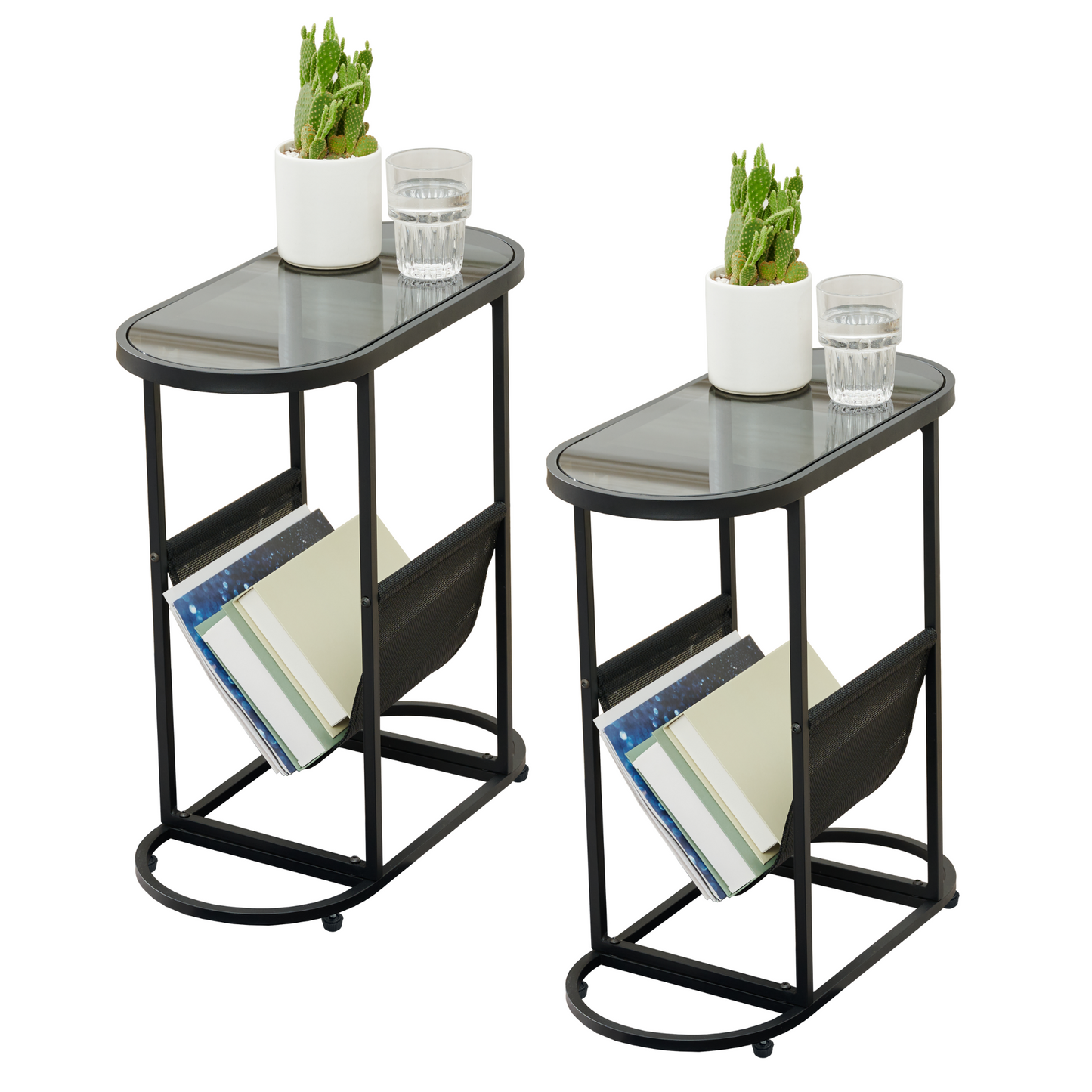 Chic Glass Oval Side Tables with Magazine Storage (Set of 2)