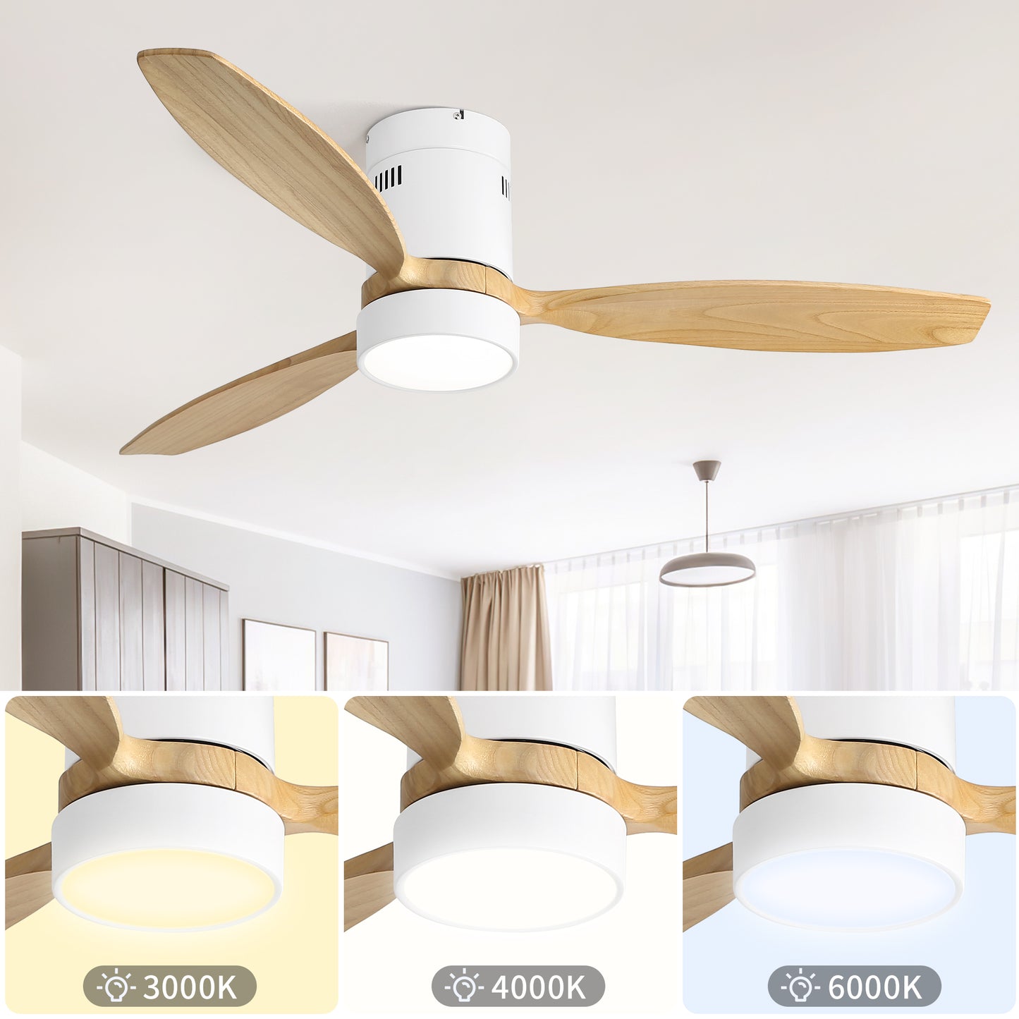 WhisperWind Flush Mount Ceiling Fan with Wood Blades and Remote Light