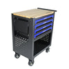 Blue Rolling Tool Cart with Wooden Top and 4 Drawers