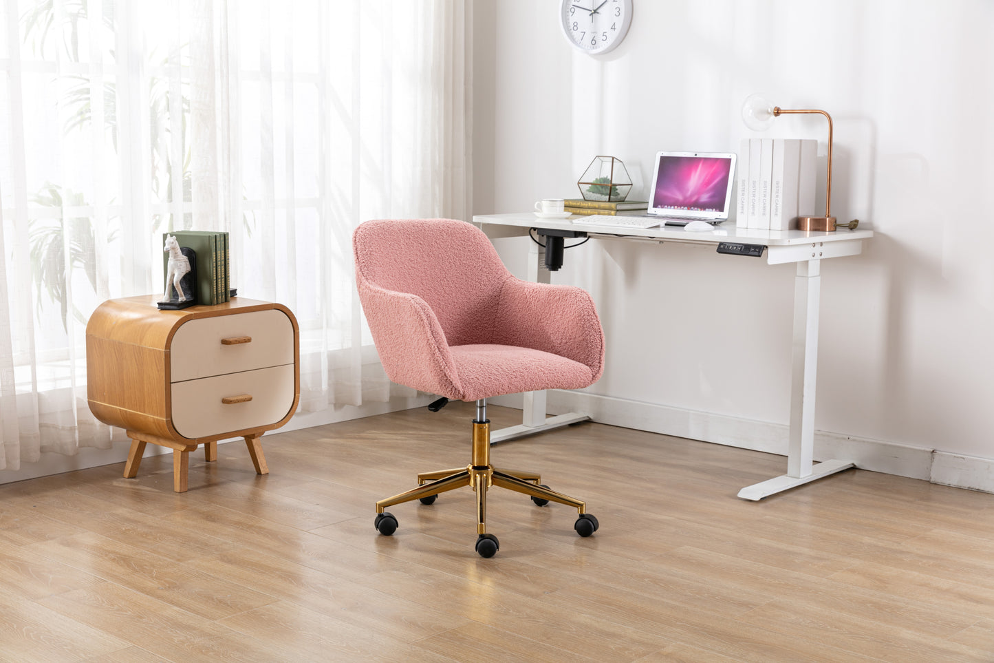 Chic Pink Teddy Swivel Chair with Gold Legs