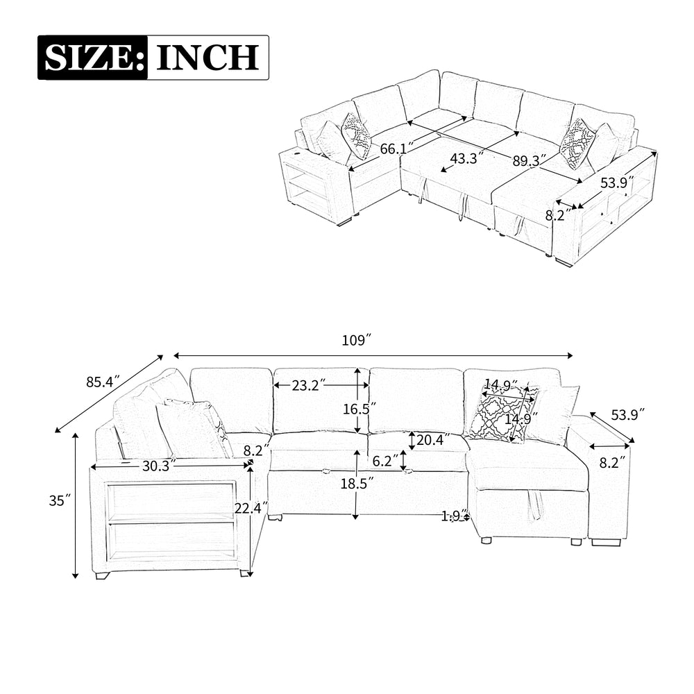 Cozy U-Shaped Sofa Bed with USB Ports & Storage Chaise