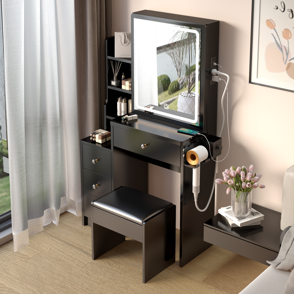 Chic Bedside Vanity with LED Mirror & Power Station